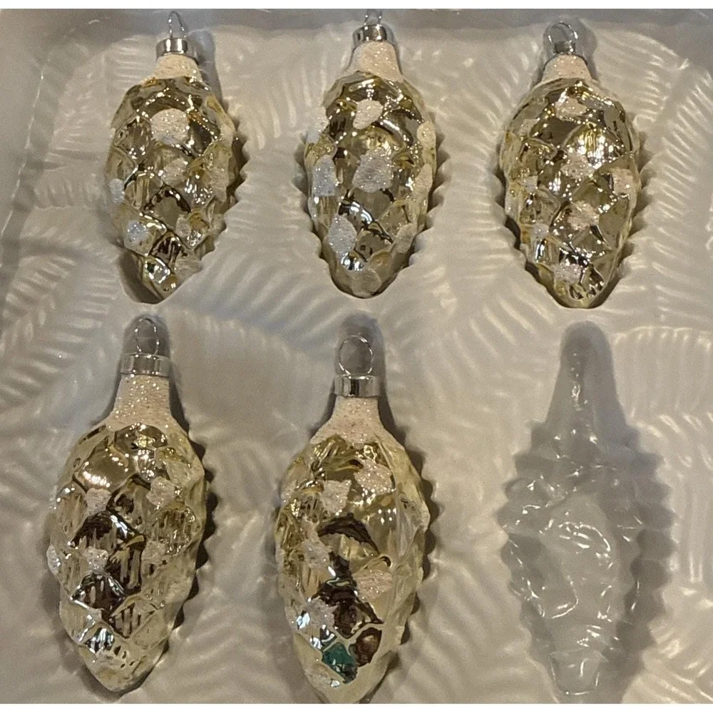 Vintage Glass Pine Cones Gold Glittery Ornaments Mini Set Of 5‎ Mexico 2001